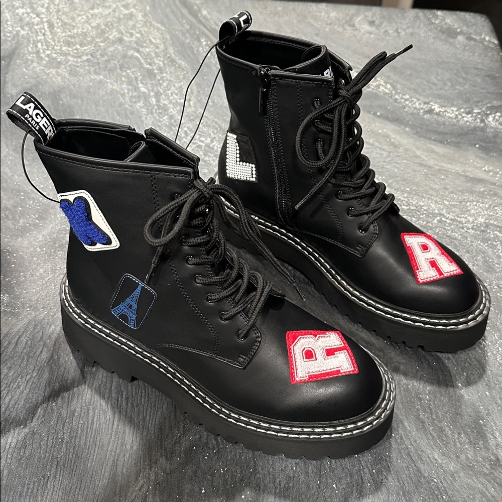 Karl Lagerfeld Paris Women’s Patch Embellishment Combat Boots